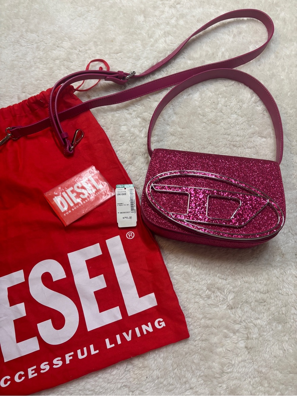 Diesel 1Dr Pink Shoulder Bag Glitter Mini Crossbody Bag
